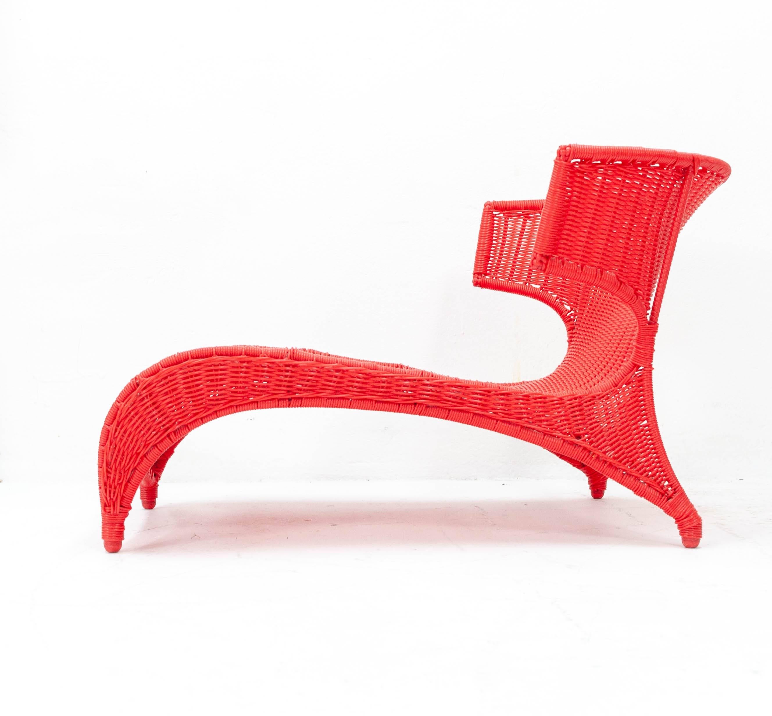 Iconic low-slung indoor or outdoor lounge chair PS Sävö in a dazzling fire engine red. Designed by Monika Mulder for Ikea and built in 2001. A striking and practical piece in very nice condition.