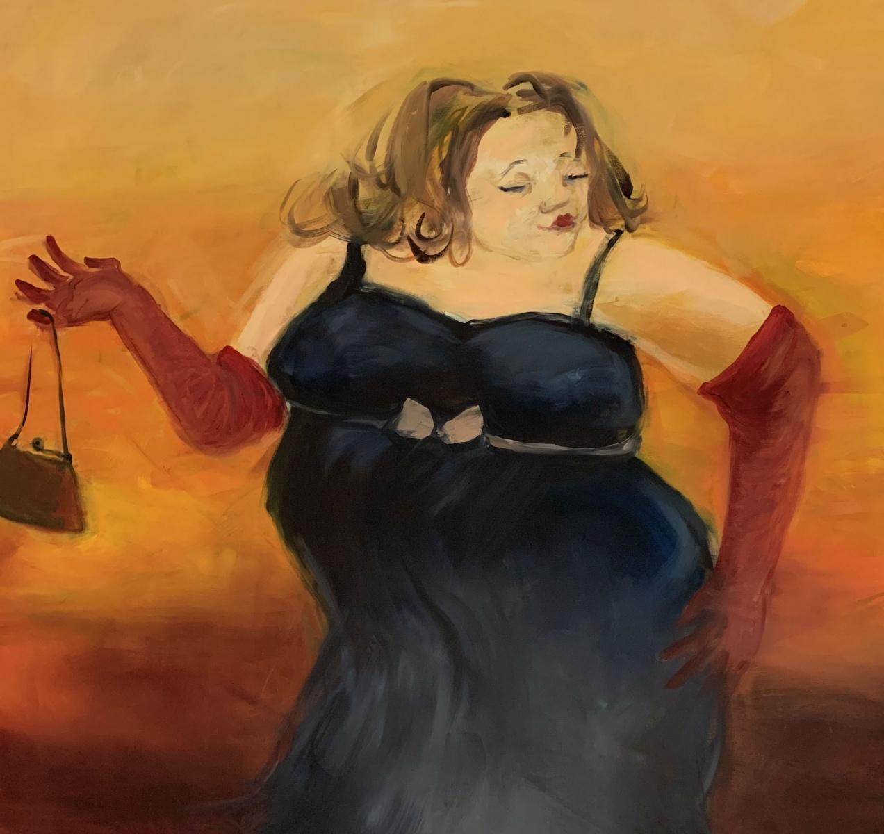 Zeitgenössisches figuratives Ölgemälde einer Dame, warme Töne, monochrom – Painting von Monika Rossa