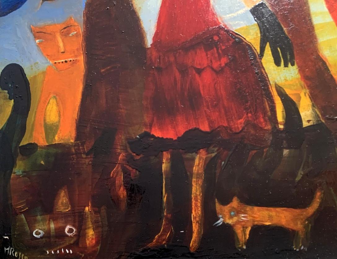 Ein Spaziergang. Surrealistisches, Fantasie-Ölgemälde auf Karton, Polnische Kunst (Zeitgenössisch), Painting, von Monika Rossa