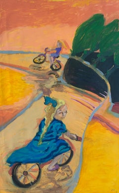 Girls on bikes - Contemporary Oil Painting, Colorful, Dynamic