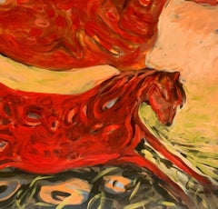 Dos caballos. Pintura al óleo abstracta contemporánea, colorida, dinámica, arte polaco