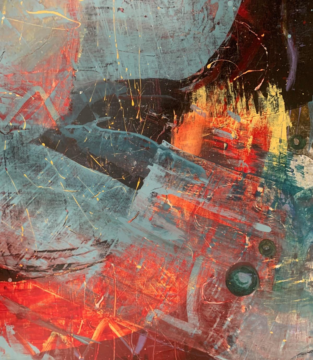 Abstraktion. Zeitgenössische abstrakte Ölgemälde, farbenfroh, dynamisch, polnische Kunst – Painting von Monika Rossa