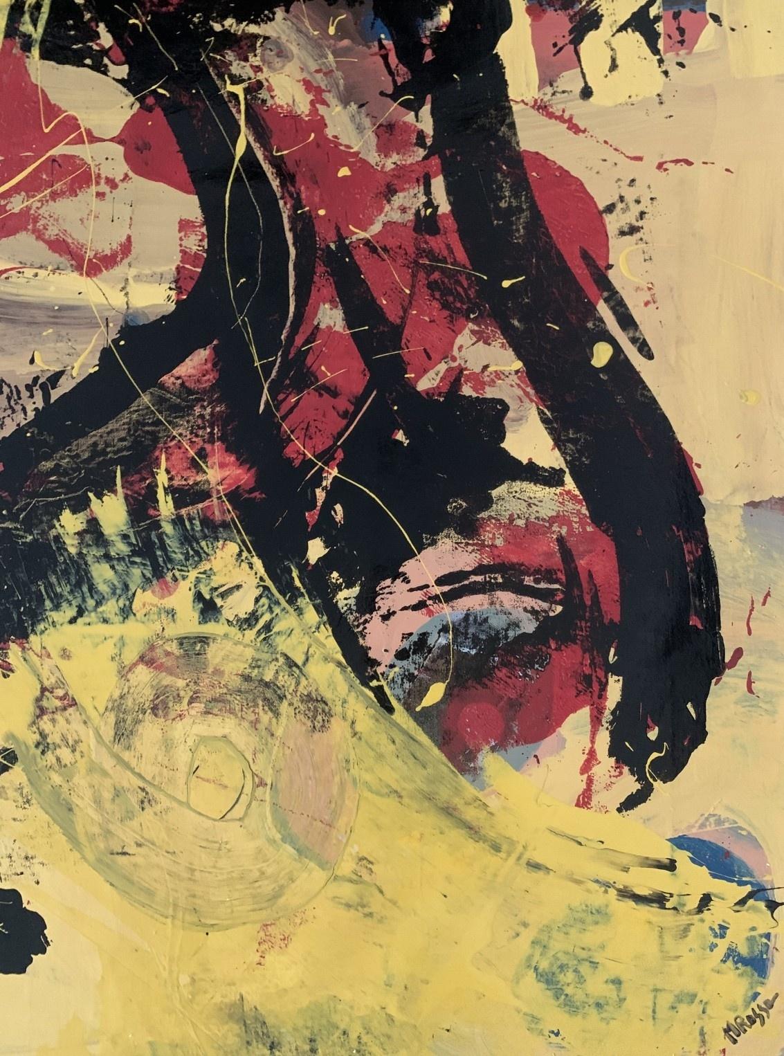 Abstract painting by Polish artist living in USA Monika Rossa. Painting in style of gestural abstraction with dynamic brush strokes and shapes. Main color is yellow balanced with red and black as well as blue accents. Do to the composition, the