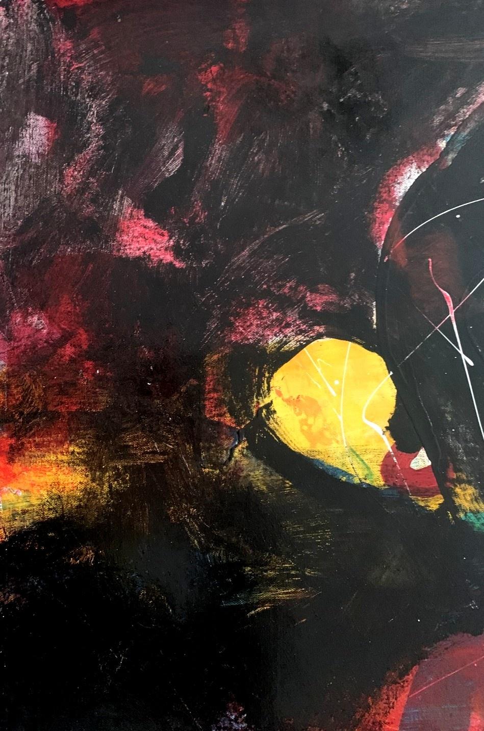 Abstract painting by Polish artist living in USA Monika Rossa. Painting in style of gestural abstraction with dynamic brush strokes and shapes. Main color is red balanced with yellow and black as well as blue accents. Do to the composition, the