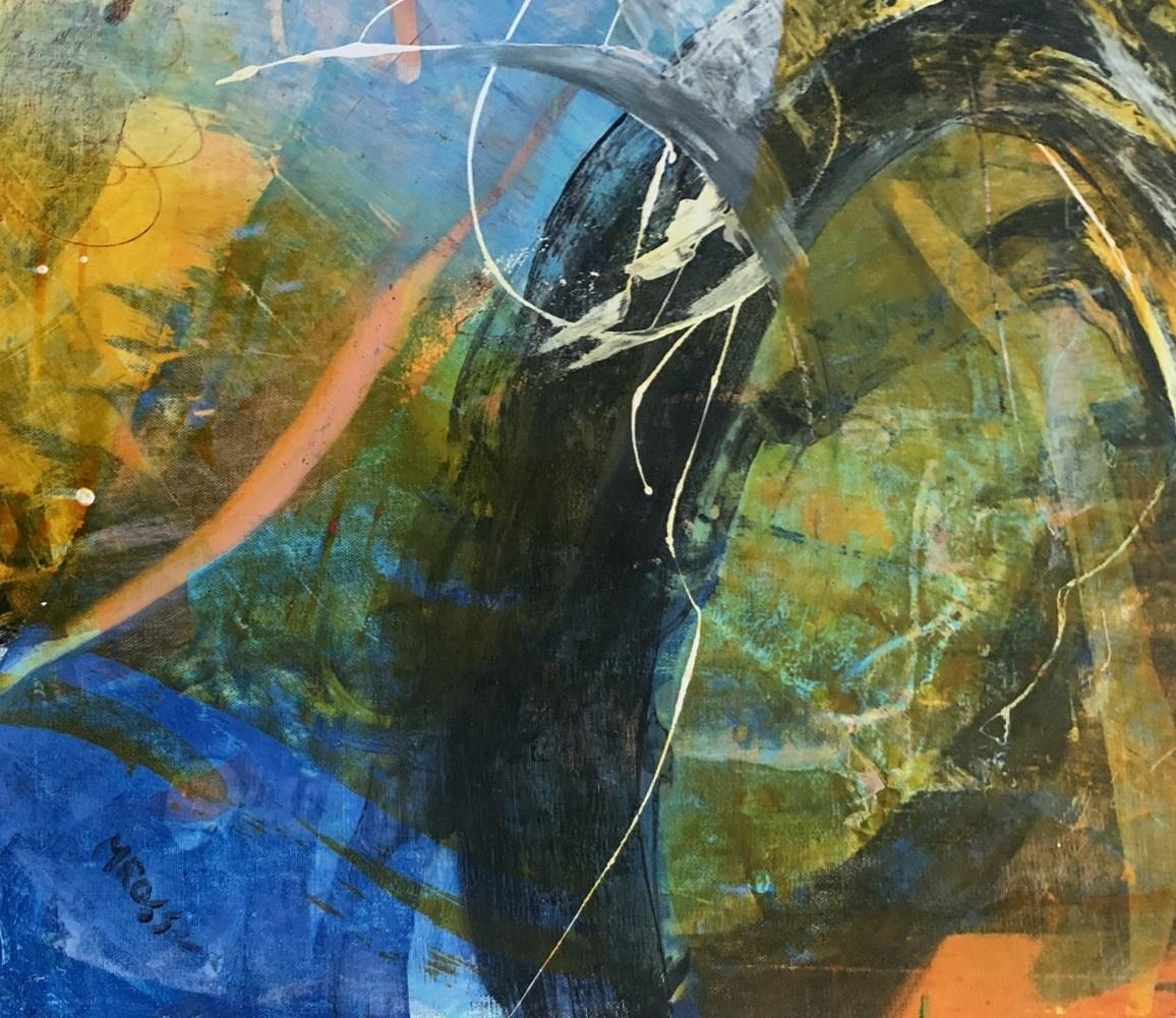 Abstract painting by Polish artist living in USA Monika Rossa. Painting in style of gestural abstraction with dynamic brush strokes and shapes. Main color is red balanced with yellow and black as well as blue accents. Do to the composition, the