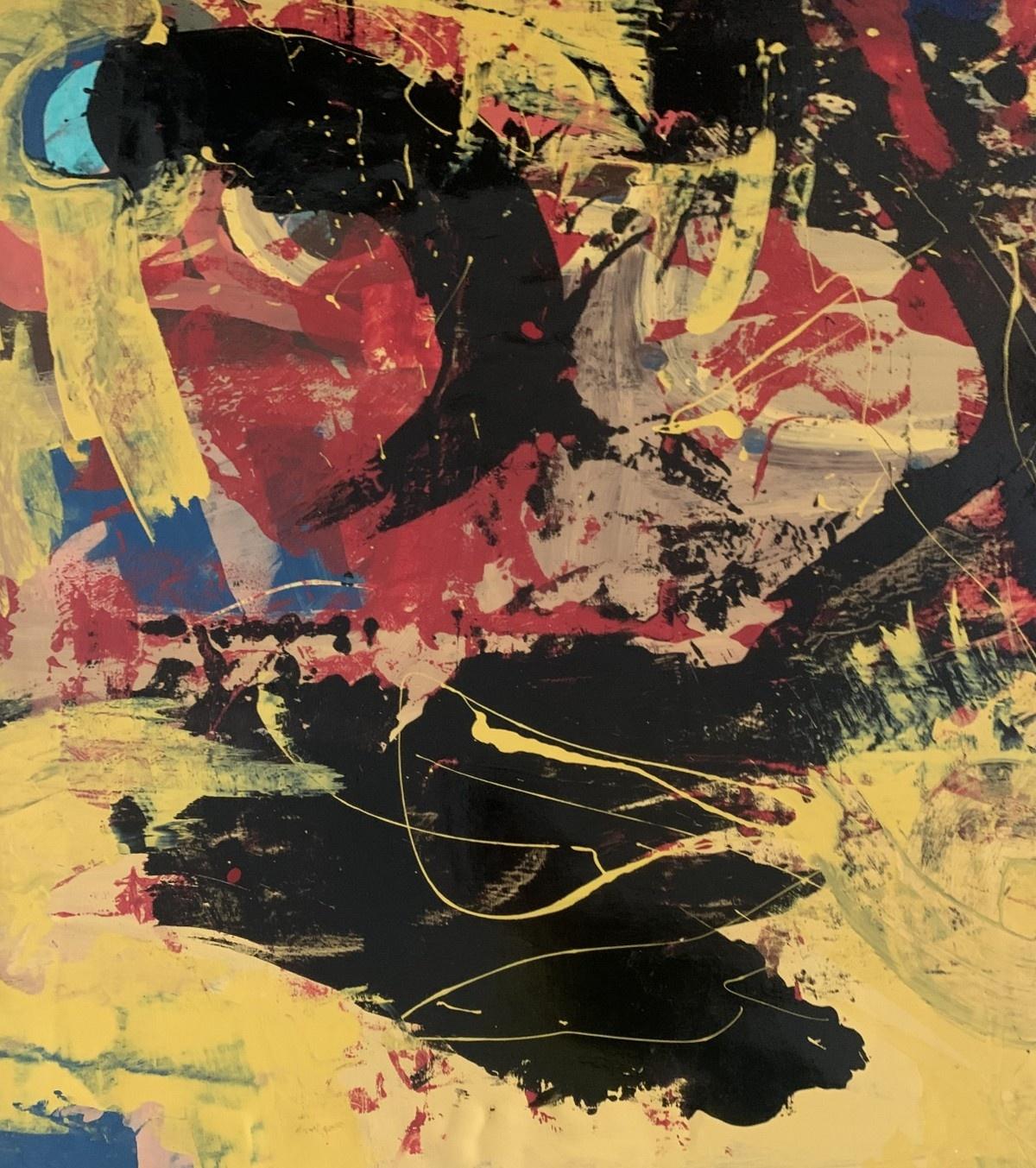 Abstrakte Malerei der in den USA lebenden polnischen Künstlerin Monika Rossa. Malerei im Stil der gestischen Abstraktion mit dynamischen Pinselstrichen und Formen. Die Hauptfarbe ist gelb mit roten und schwarzen sowie blauen Akzenten. Aufgrund der