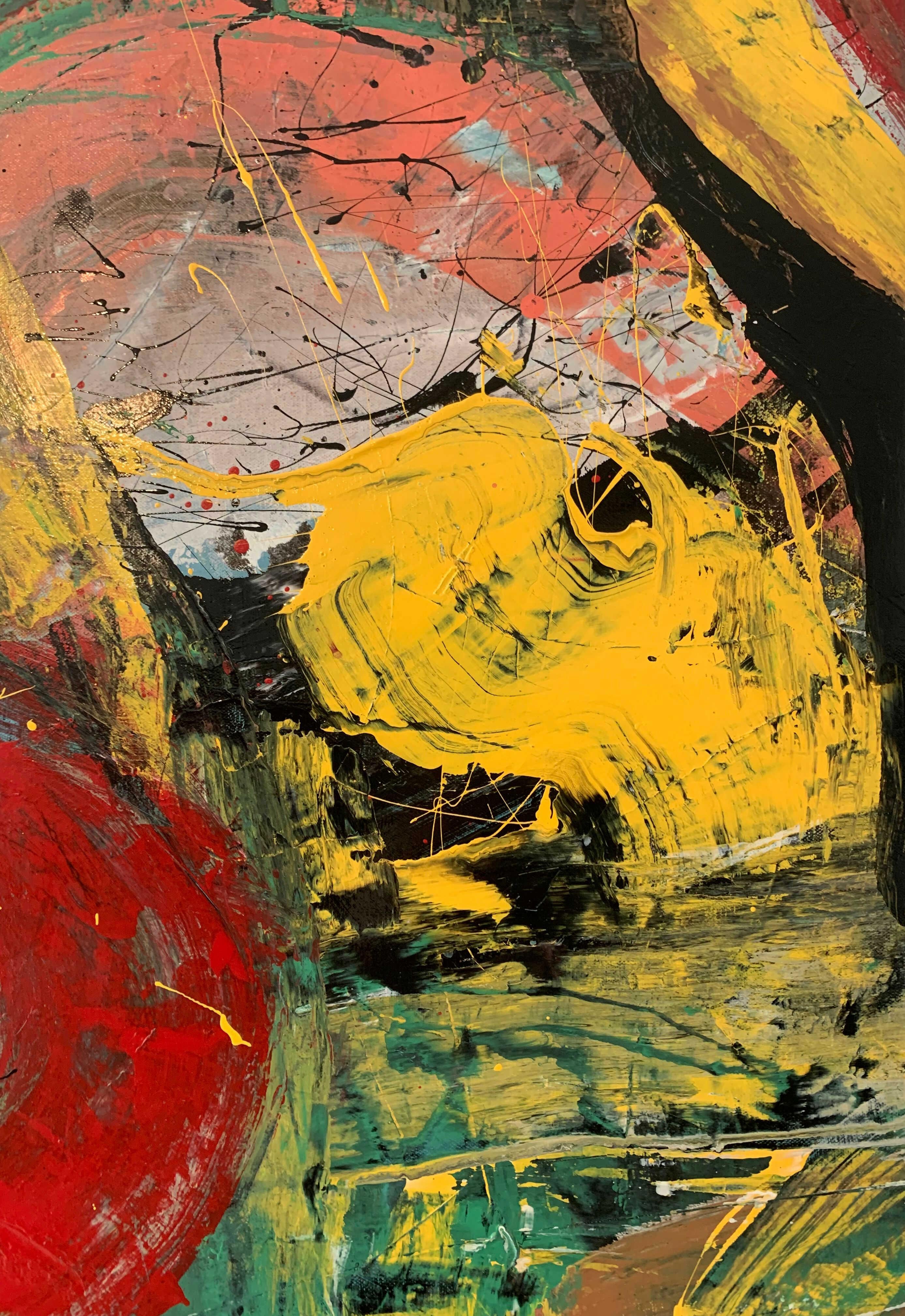 Pintura abstracta de la artista polaca residente en EE.UU. Monika Rossa. Pintura en estilo de abstracción gestual con pinceladas y formas dinámicas. Debido a su composición, la obra puede exponerse en cualquier orientación, tanto vertical como