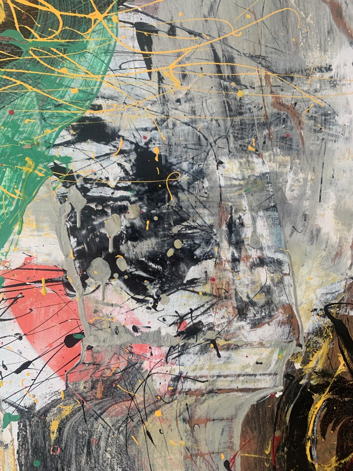 Pintura abstracta de la artista polaca residente en EE.UU. Monika Rossa. Pintura en estilo de abstracción gestual con pinceladas y formas dinámicas. Debido a su composición, la obra puede exponerse en cualquier orientación, tanto vertical como