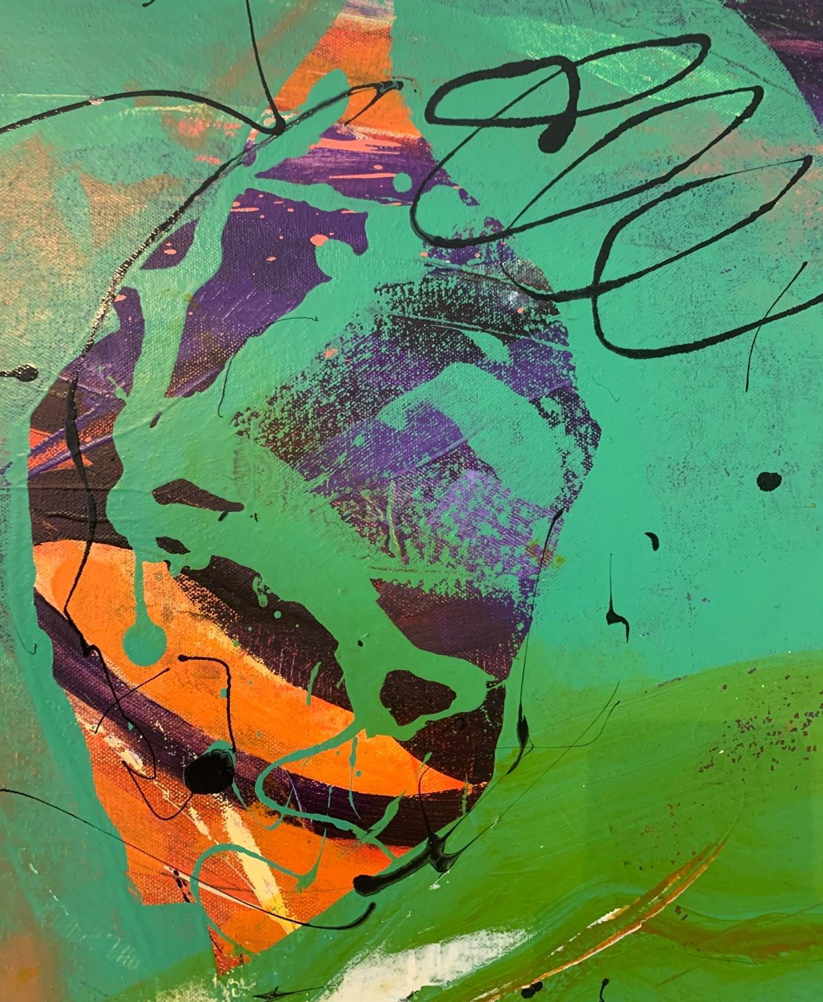 Pintura abstracta de la artista polaca residente en EE.UU. Monika Rossa. Pintura en estilo de abstracción gestual con pinceladas y formas dinámicas. Debido a su composición, la obra puede exponerse en cualquier orientación, tanto vertical como