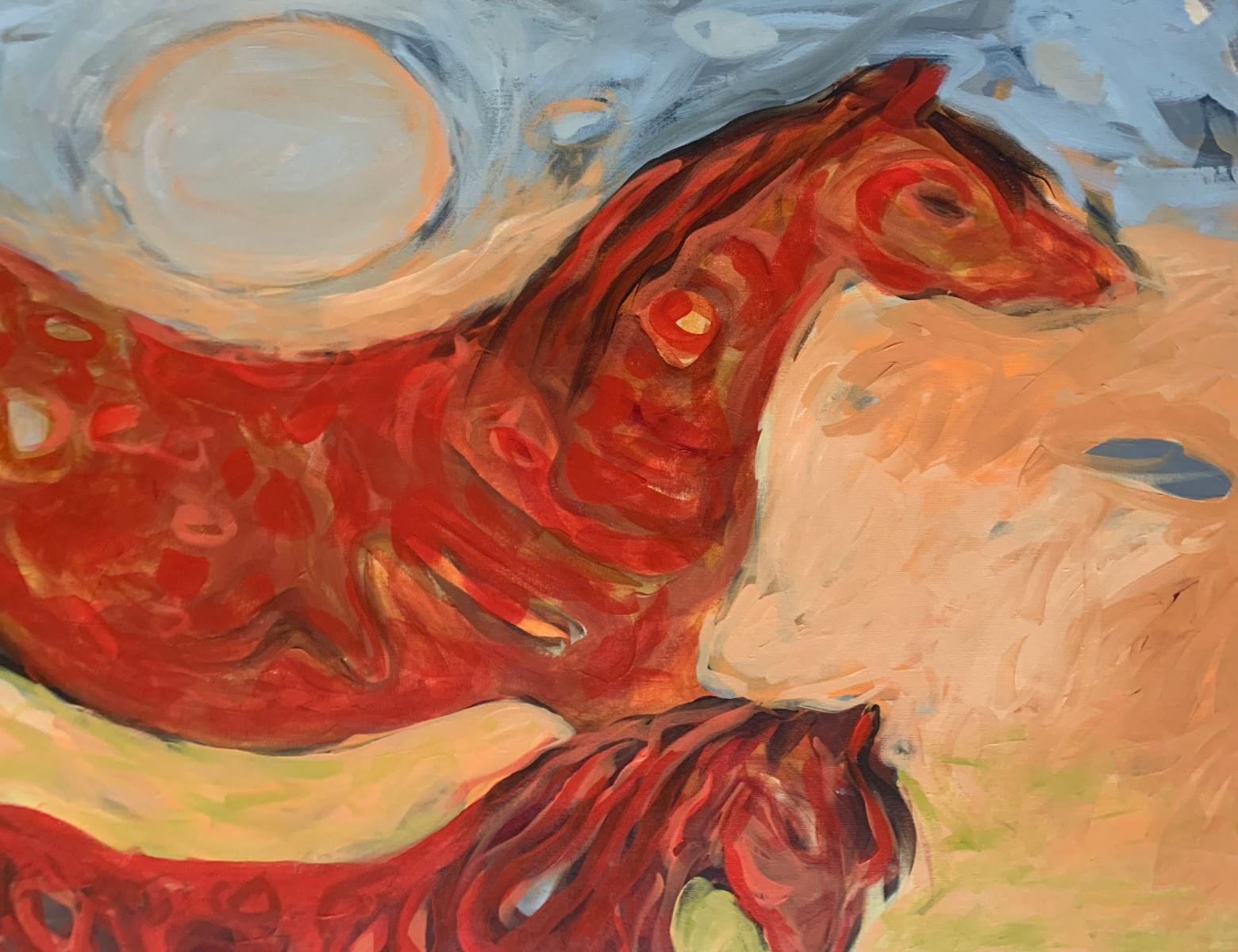 Pintura abstracta de la artista polaca residente en EE.UU. Monika Rossa. La pintura representa a dos caballos corriendo, es de colores cálidos. El fondo es abstracto y dinámico.

MONIKA ROSSA 
Estudió pintura en la Universidad de Arizona, en la