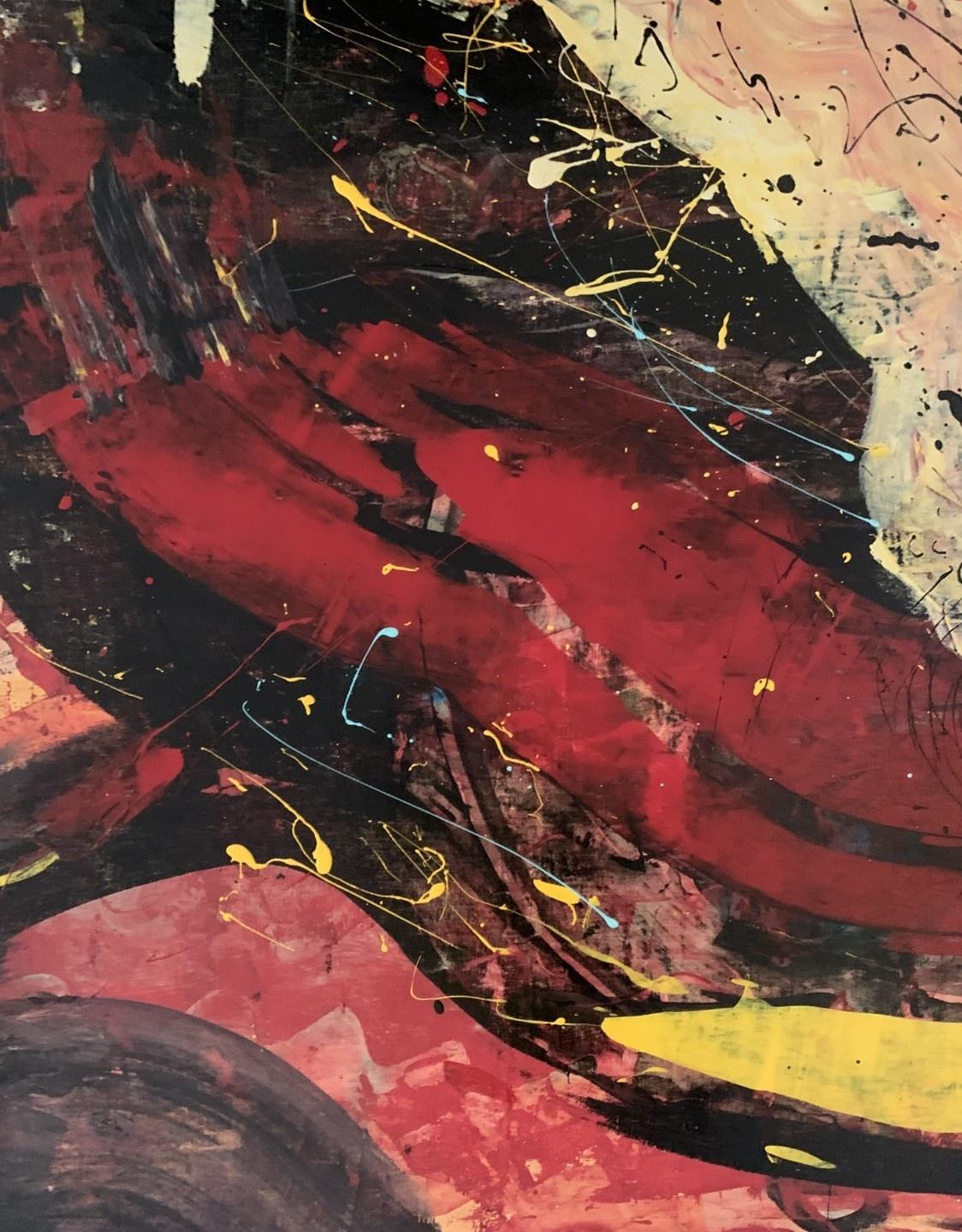 Abstract painting by Polish artist living in USA Monika Rossa. Painting in style of gestural abstraction with dynamic brush strokes and shapes. Main color is red balanced by yellow and black as well as blue accents. Do to the composition, the