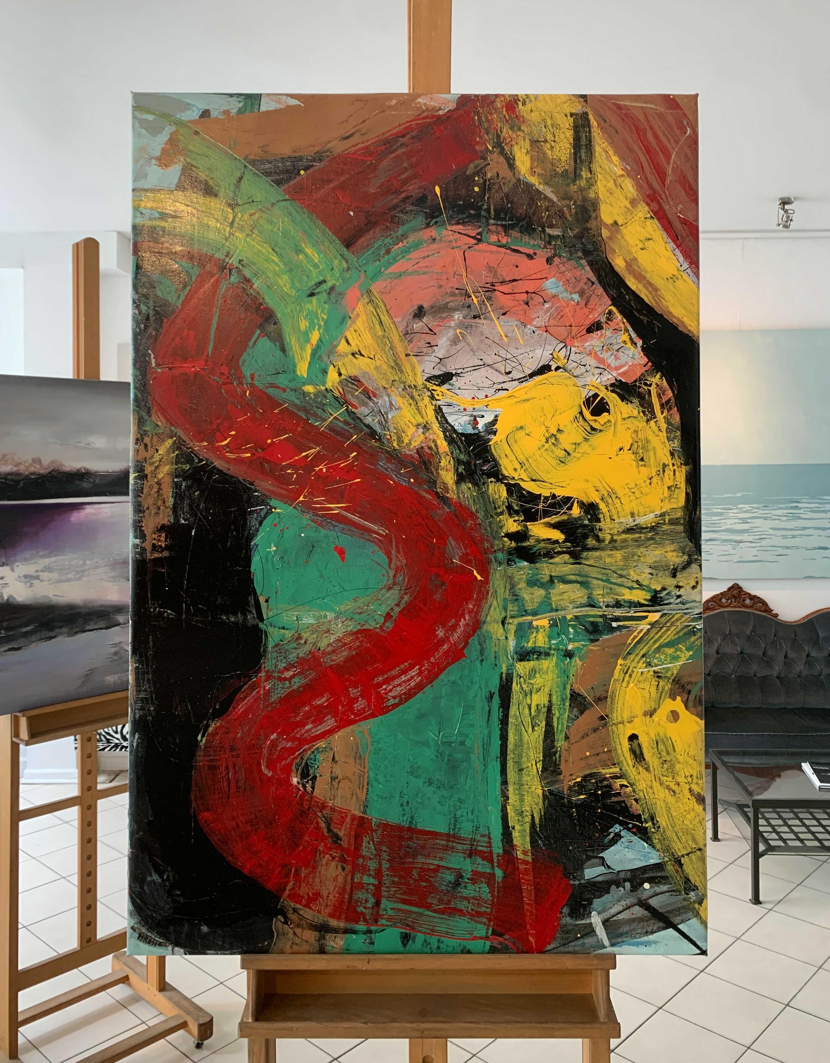 Abstracción. Pintura al óleo abstracta contemporánea, colorida, dinámica, arte polaco en venta 3