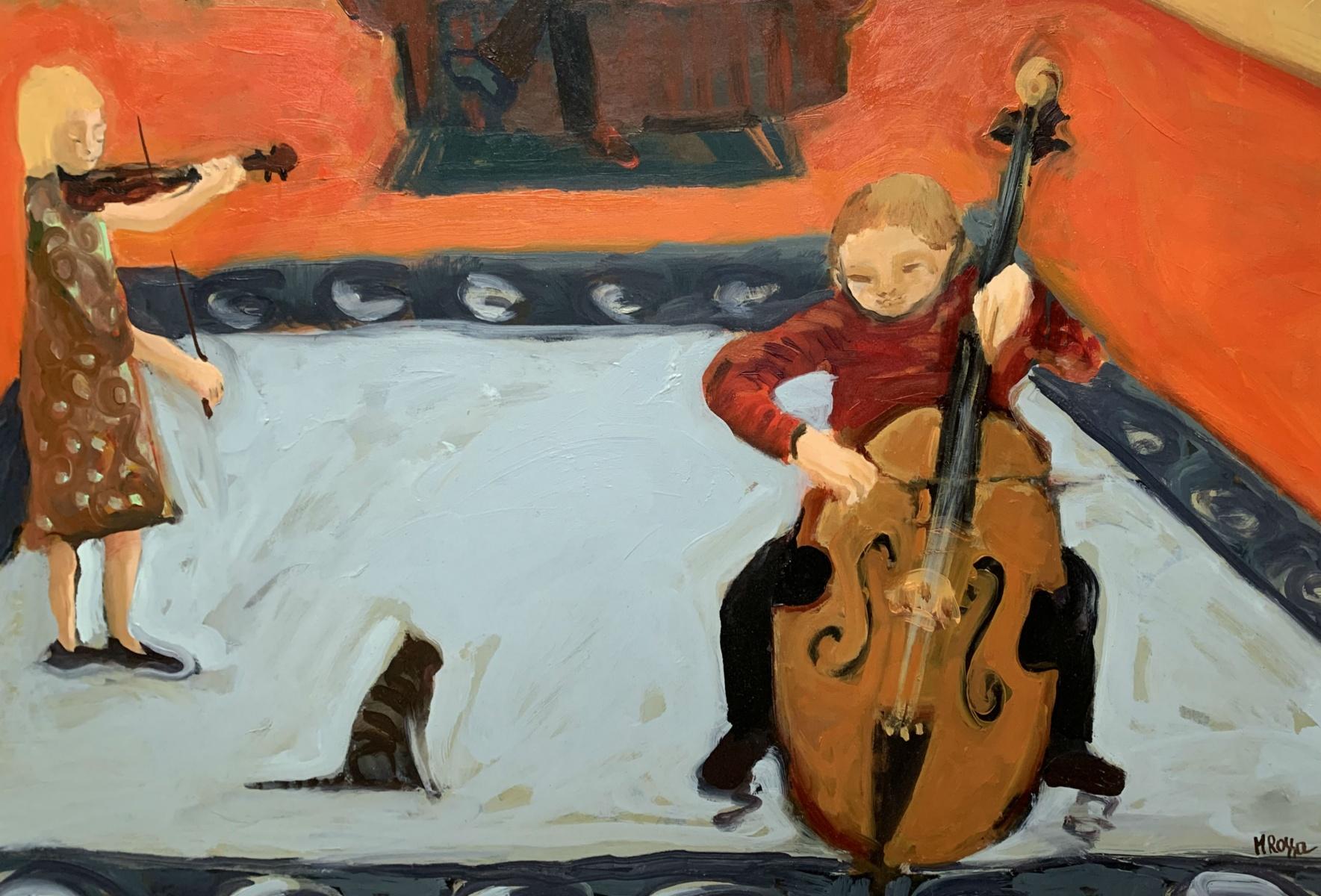 Afternoon with music - Contemporary Oil Painting, Colorful, Figurative - Brown Interior Painting by Monika Rossa