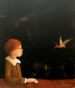 Boy with a humming bird. Contemporary Small Scale Oil Painting, Polish art