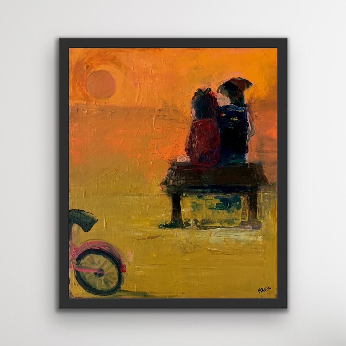 Au bord de la rivière - Peinture à l'huile contemporaine, colorée, figurative, artiste polonais - Marron Figurative Painting par Monika Rossa