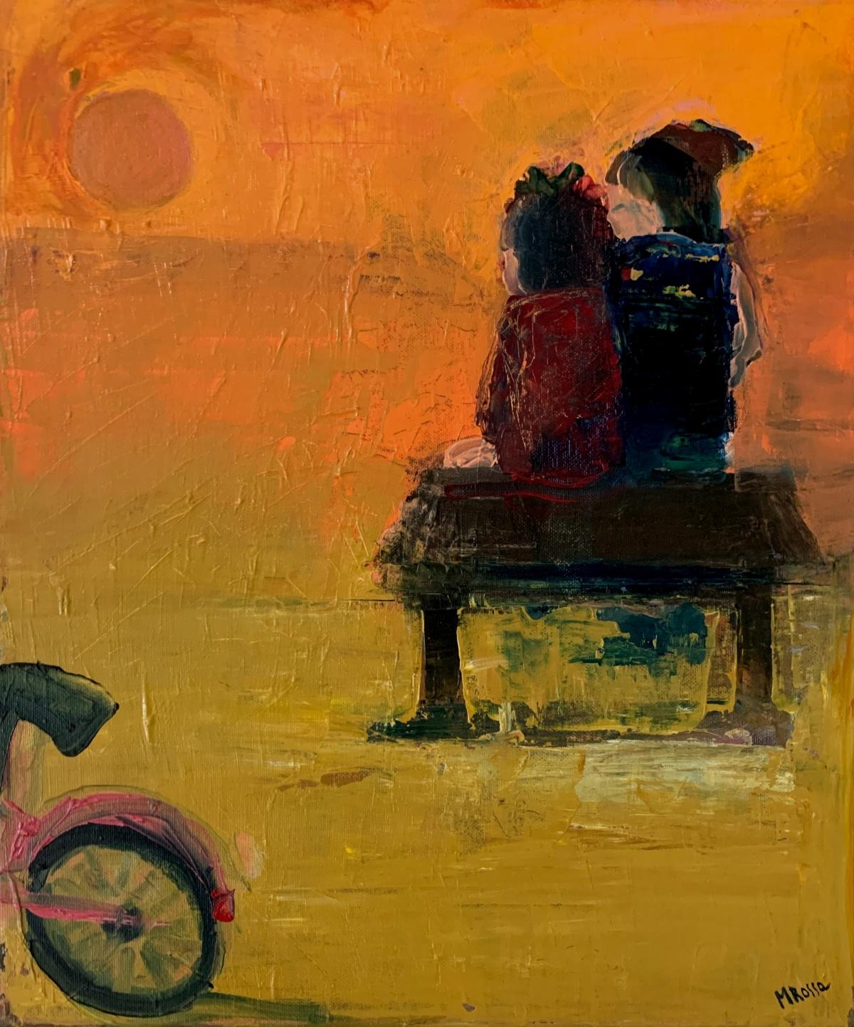 Au bord de la rivière - Peinture à l'huile contemporaine, colorée, figurative, artiste polonais