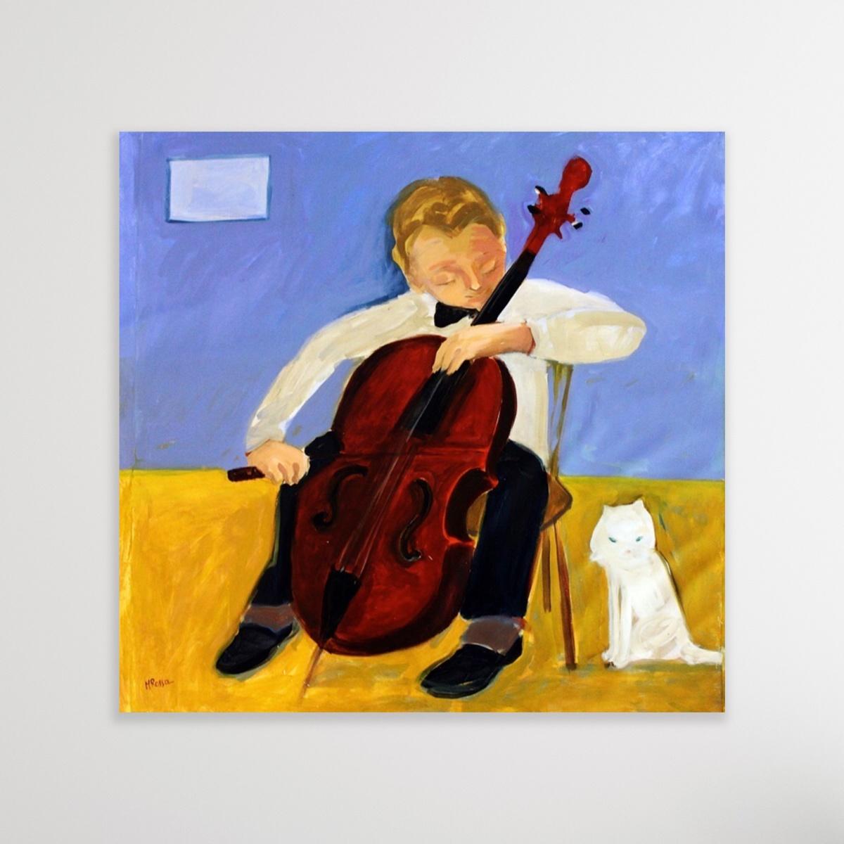 Cellist - Zeitgenössisches figuratives Ölgemälde des 21. Jahrhunderts, leuchtende Farben, Musik im Angebot 3