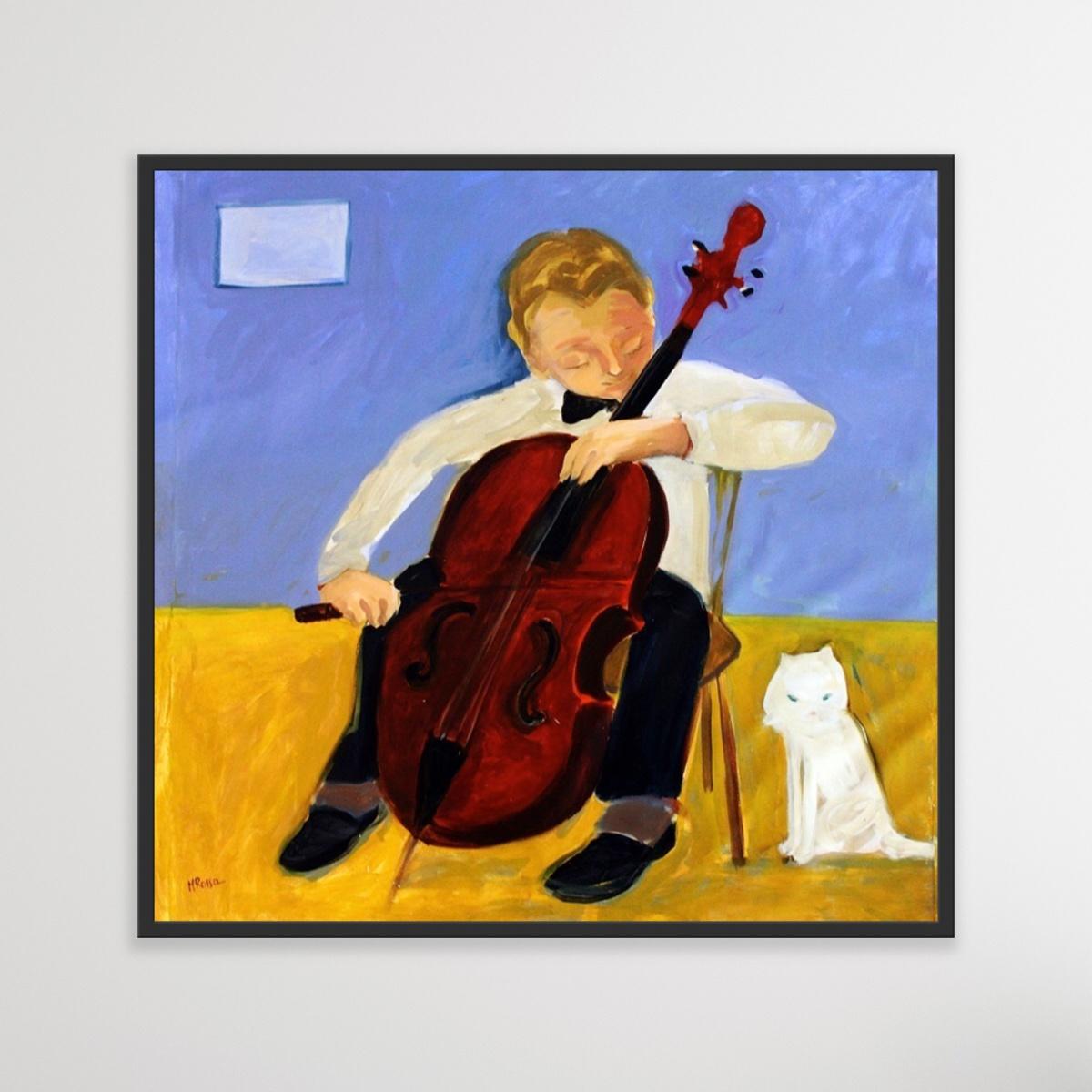 Cellist - Zeitgenössisches figuratives Ölgemälde des 21. Jahrhunderts, leuchtende Farben, Musik im Angebot 4