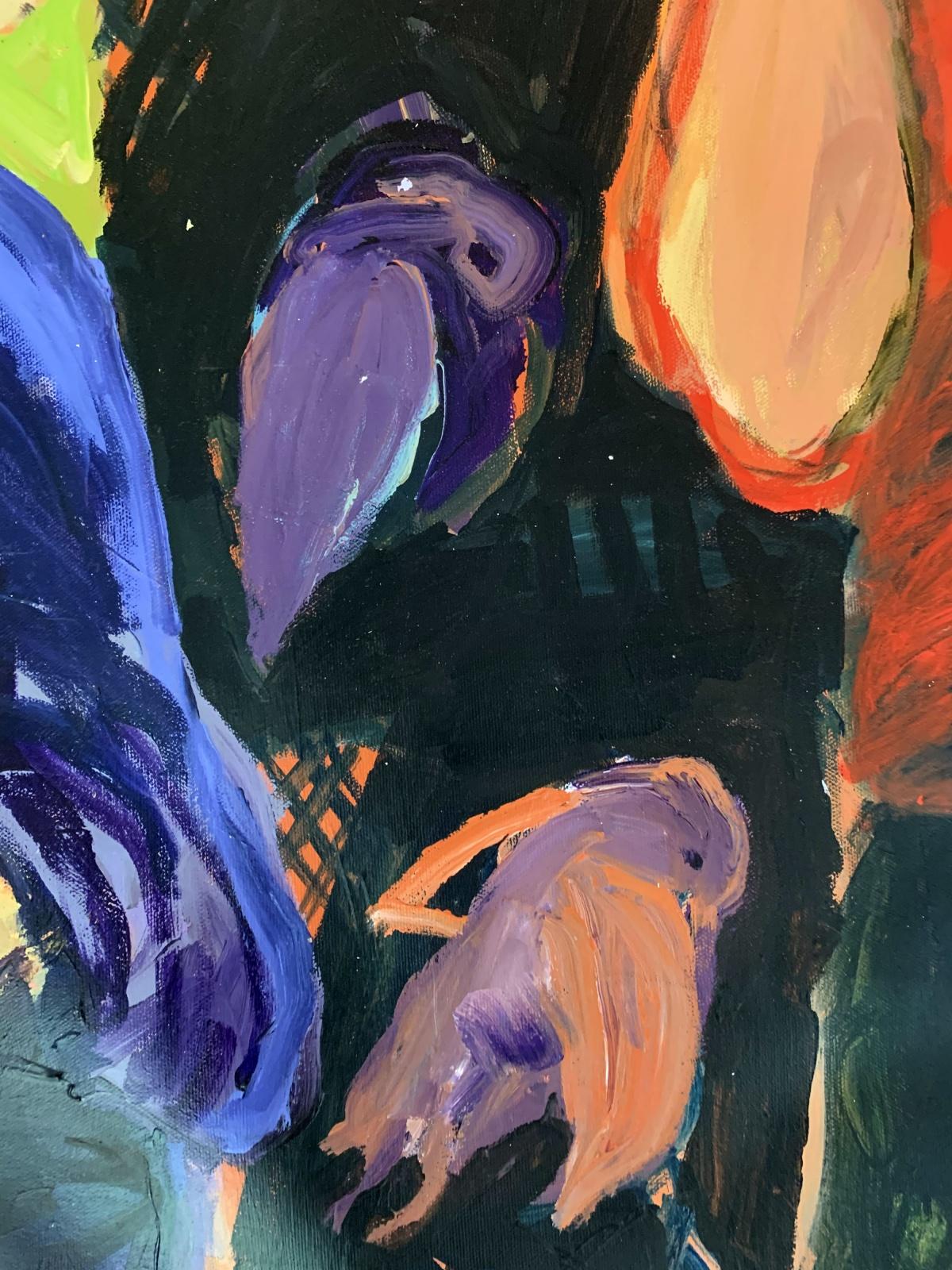 Bambini con uccelli. Pittura ad olio figurativa contemporanea, colorata, dinamica - Painting di Monika Rossa