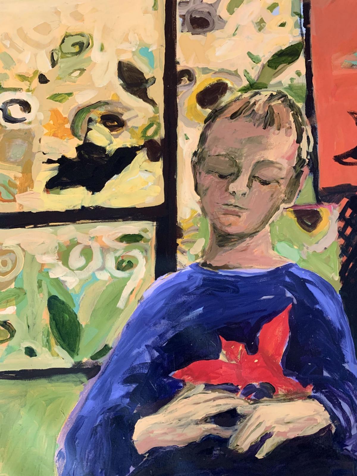 Bambini con uccelli. Pittura ad olio figurativa contemporanea, colorata, dinamica - Painting Contemporaneo di Monika Rossa