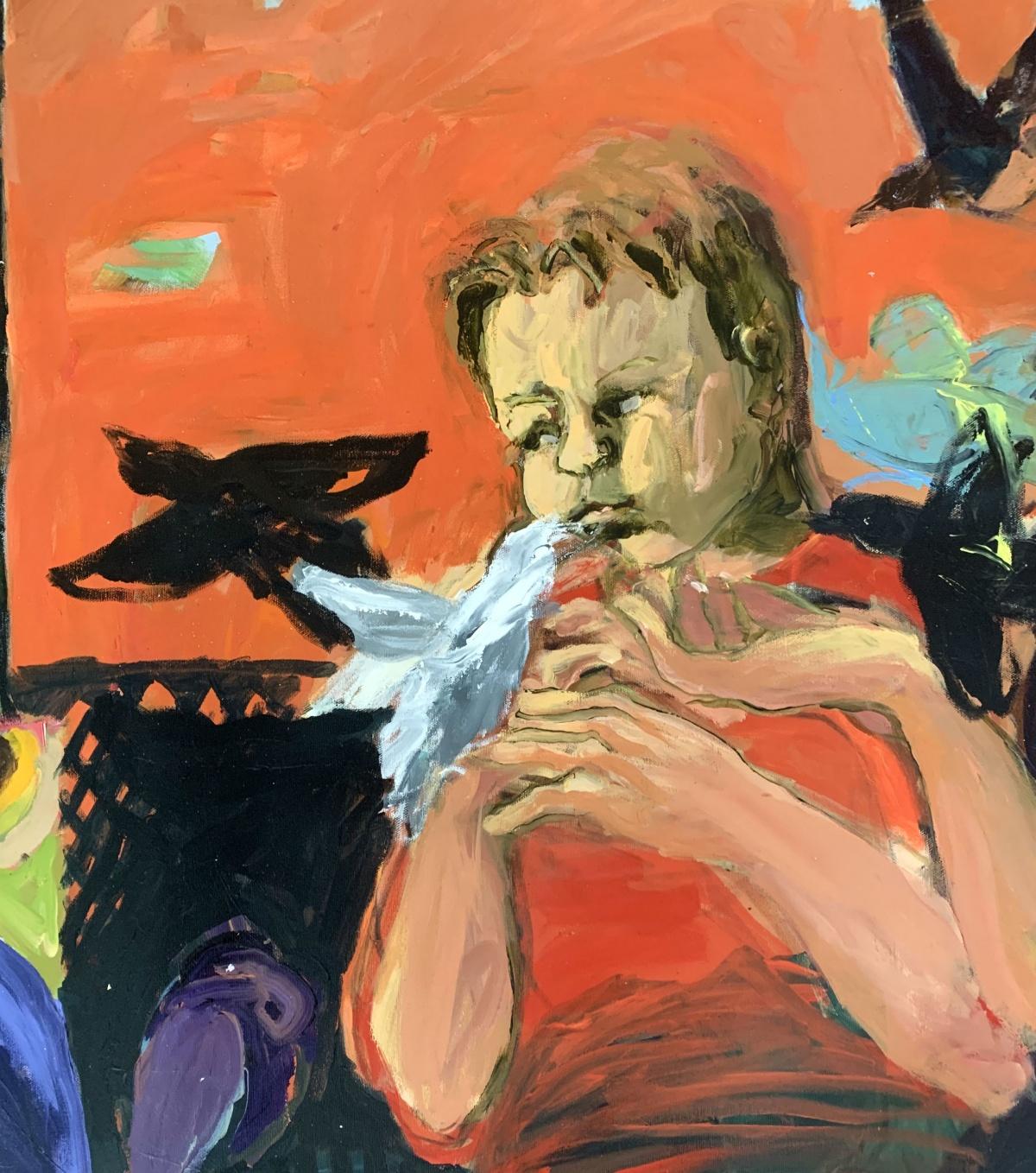 Bambini con uccelli. Pittura ad olio figurativa contemporanea, colorata, dinamica - Portrait Painting Marrone di Monika Rossa