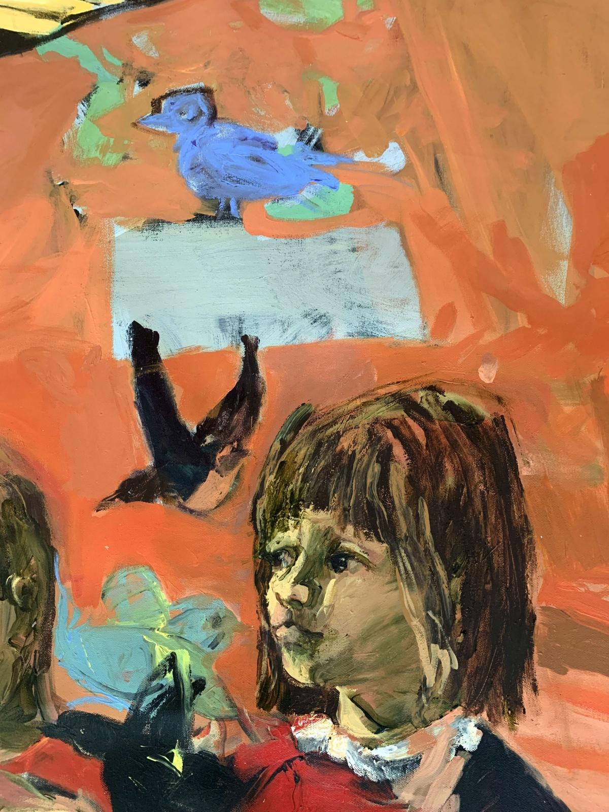Bambini con uccelli. Pittura ad olio figurativa contemporanea, colorata, dinamica in vendita 1