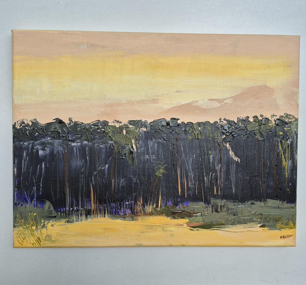 Abendwald - Zeitgenössische Ölgemälde, Farbenfroh, Landschaft, Polnischer Künstler – Painting von Monika Rossa