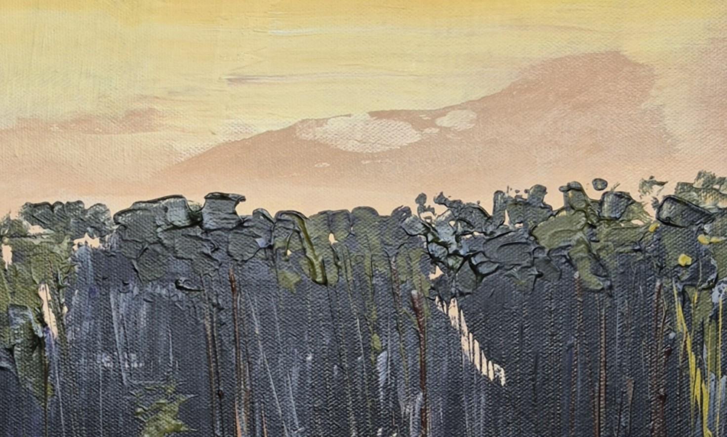 Abendwald - Zeitgenössische Ölgemälde, Farbenfroh, Landschaft, Polnischer Künstler (Beige), Landscape Painting, von Monika Rossa