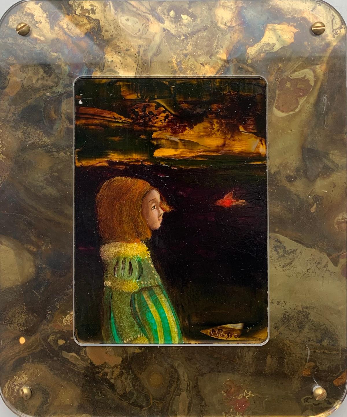 Portrait Painting Monika Rossa - Girl with a bird Peinture à l'huile contemporaine à petite échelle, artiste polonais