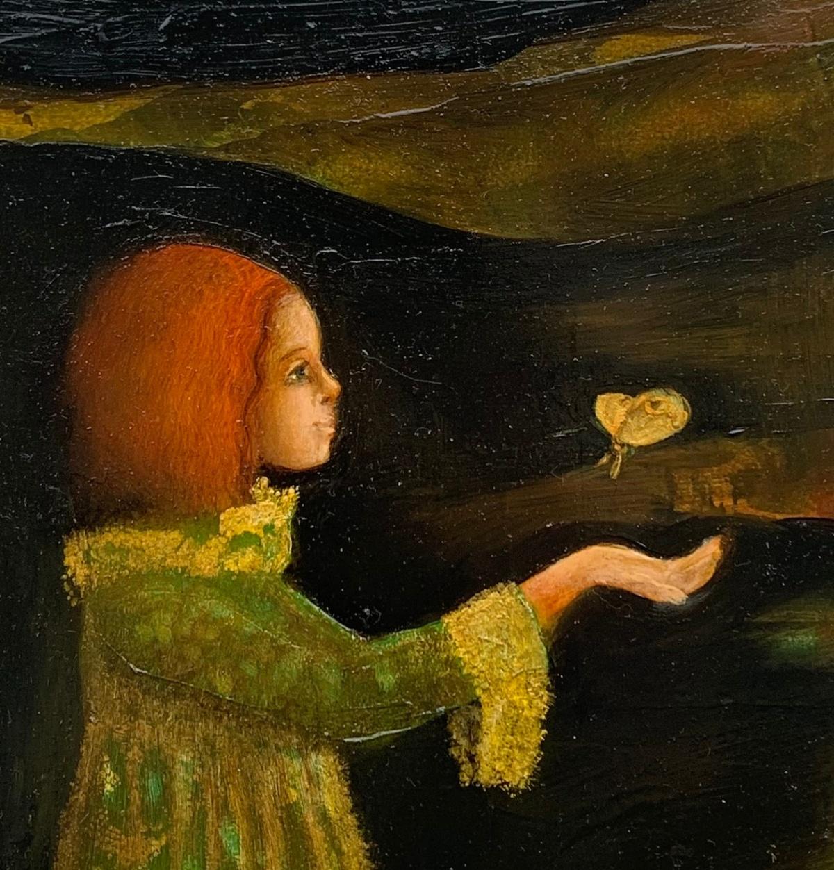 Niña con una mariposa. Pintura al óleo contemporánea a pequeña escala, artista polaco - Painting de Monika Rossa