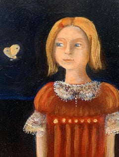 Niña con una mariposa. Pintura al óleo contemporánea a pequeña escala, artista polaco