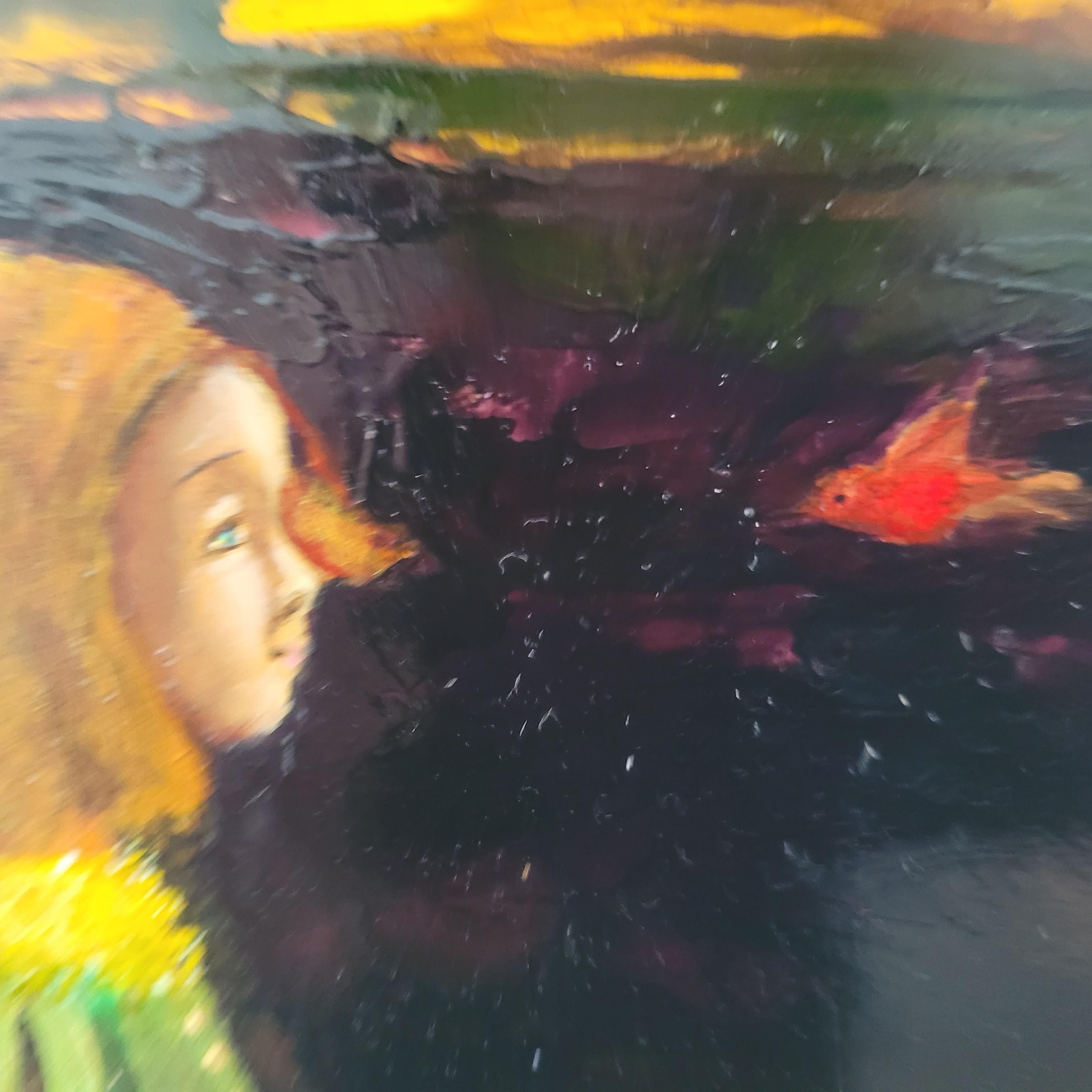 Niña con una mariposa. Pintura al óleo contemporánea a pequeña escala, artista polaco en venta 1