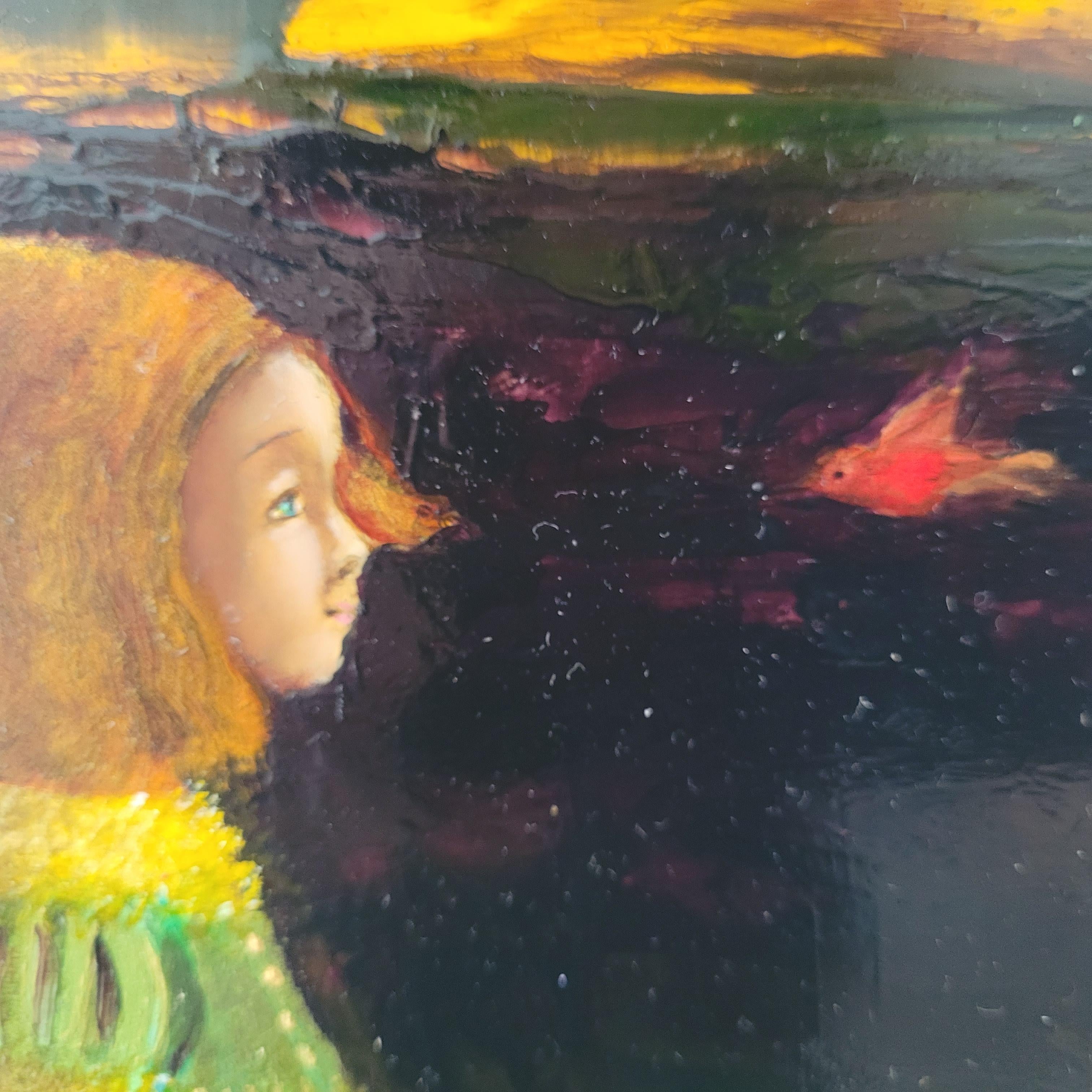 Niña con una mariposa. Pintura al óleo contemporánea a pequeña escala, artista polaco en venta 2