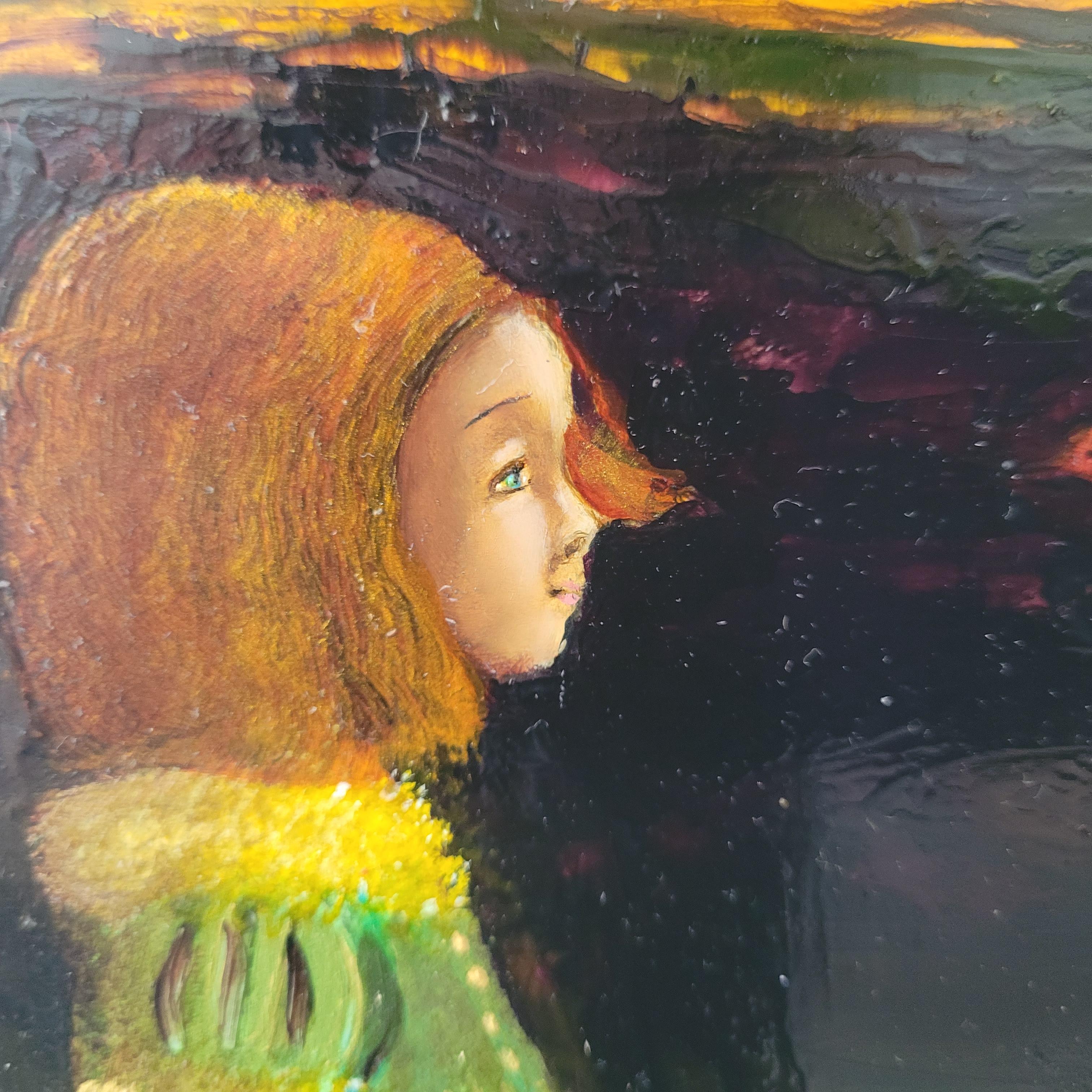 Niña con una mariposa. Pintura al óleo contemporánea a pequeña escala, artista polaco en venta 3