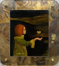 Niña con una mariposa. Pintura al óleo contemporánea a pequeña escala, artista polaco