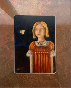 Girl with a butterfly. Contemporary Small Scale Oil Painting, Polish artist
