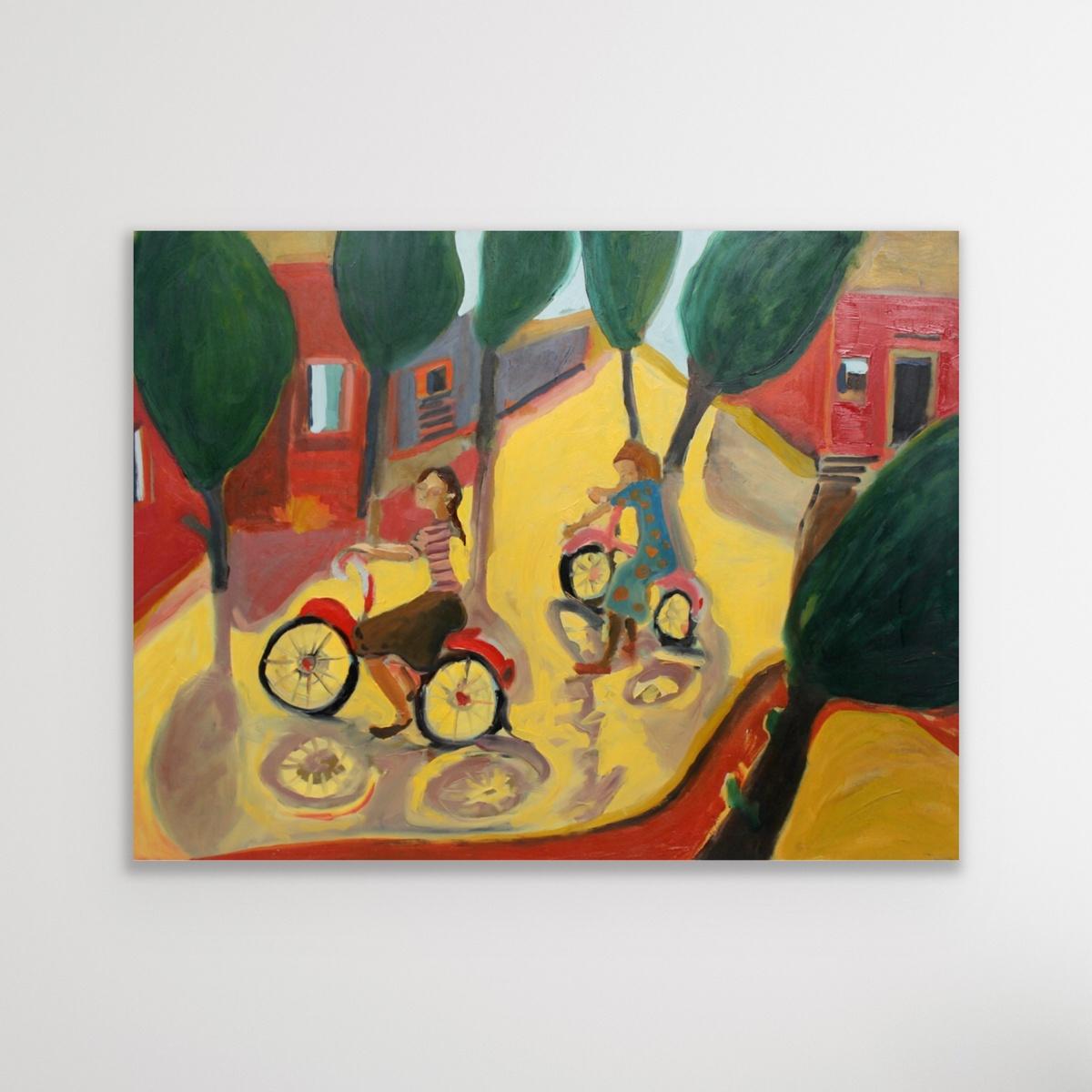Girls on bikes - XXI century, Contemporary Oil & Acrylic Painting, Bright Colors For Sale 1