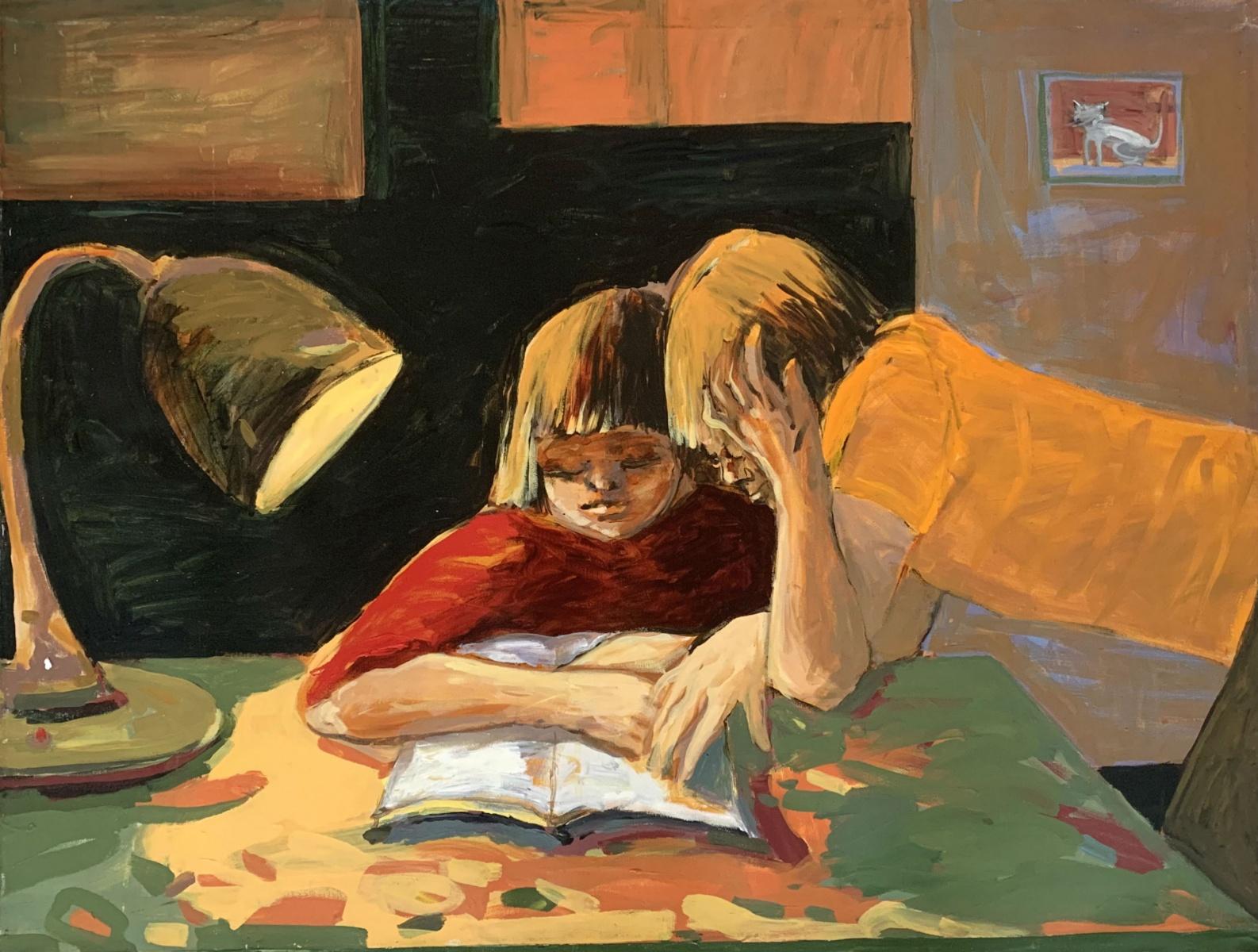 Figurative Painting Monika Rossa - Devoir - Peinture à l'huile contemporaine, colorée, figurative, artiste polonais