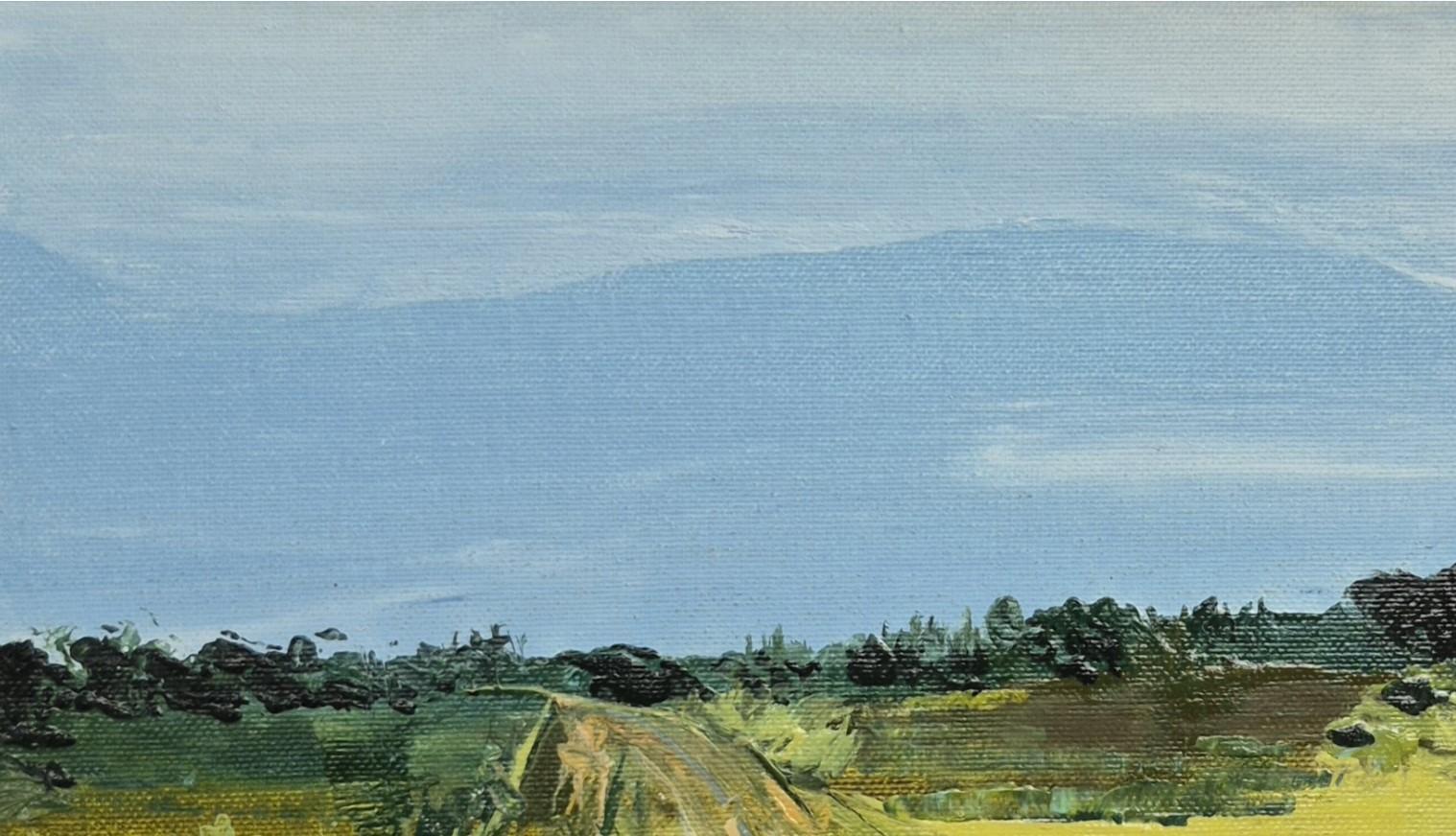 Horizontale Landschaft - Zeitgenössische Ölmalerei, polnischer Künstler (Blau), Landscape Painting, von Monika Rossa