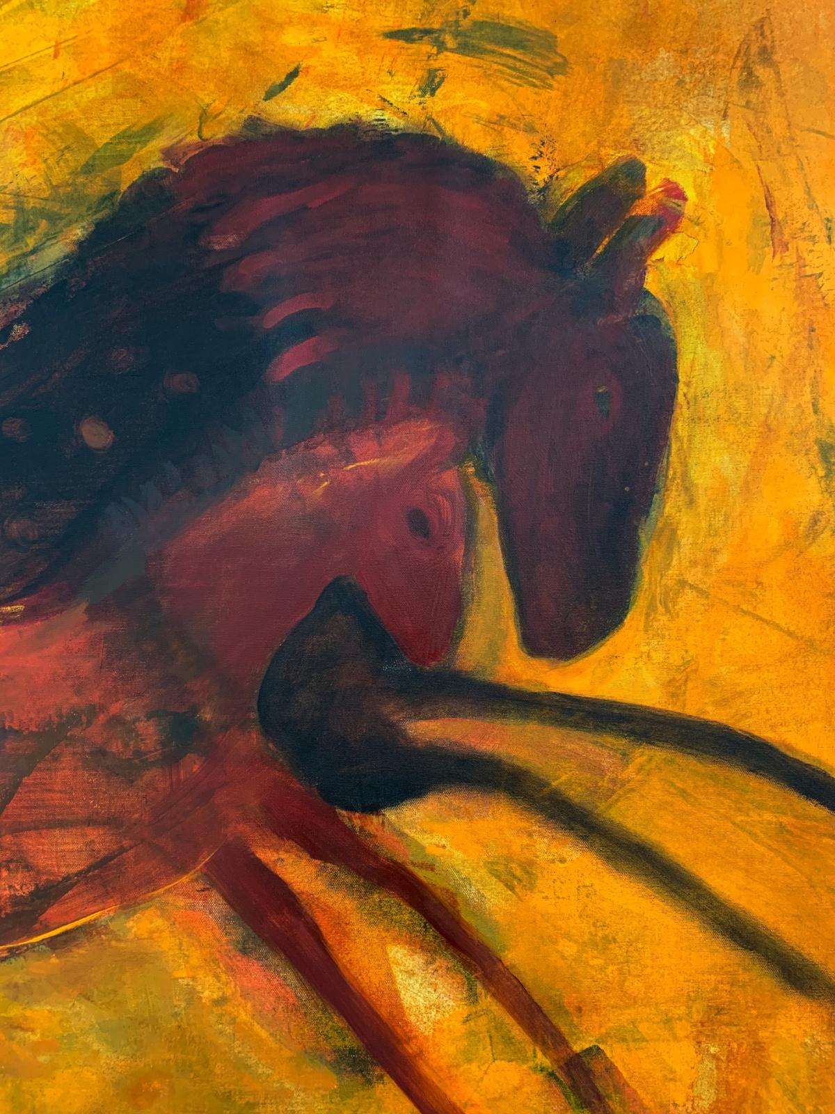 Contemporary figurative oil on canvas painting by Polish artist based in USA Monika Rossa. Painting depicts two horses running, it is in warm colors. The background is abstract and it is dynamic.

MONIKA ROSSA 
studied painting at the University of