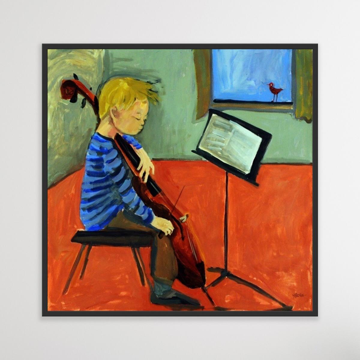 Little cellist - XXI century Contemporary Figurative Oil Painting, Bright Colors For Sale 3