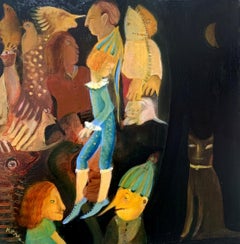 Pierrot. Surrealistisches, Fantasie-Ölgemälde auf Karton, Polnische Kunst