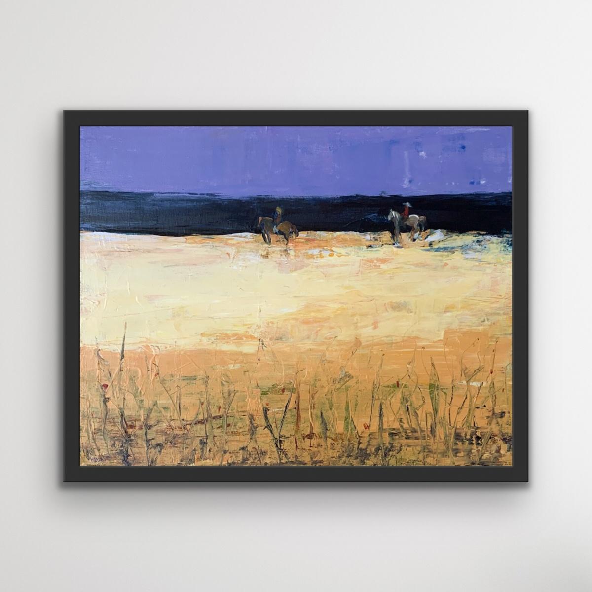 Jinetes - Pintura al óleo figurativa contemporánea, tonos cálidos, paisaje en venta 2