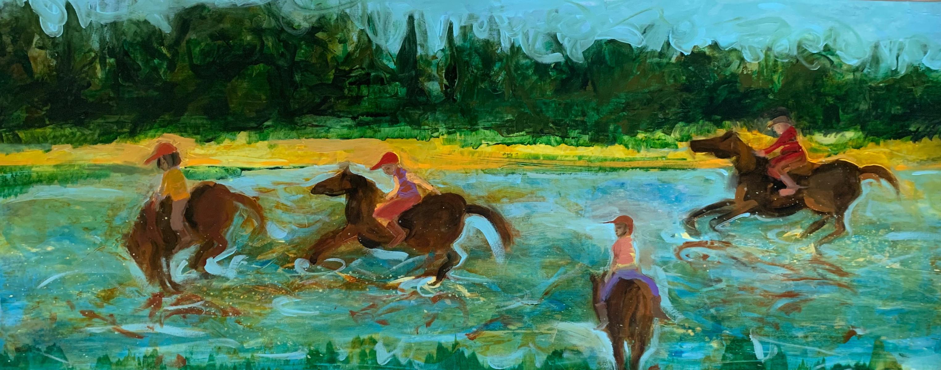 Figurative Painting Monika Rossa - Riders - Peinture à l'huile contemporaine, colorée, figurative, artiste polonais