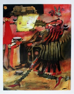 Teezeit – 21. Jahrhundert, Mixed-Media-Druck, leuchtende Farben, Fantasie, Abstraktion