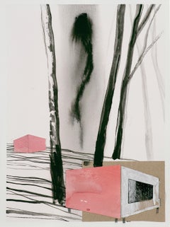 Rynia 1 - Collage and Painting On Paper, Architectural Landscape With Birch-Tree