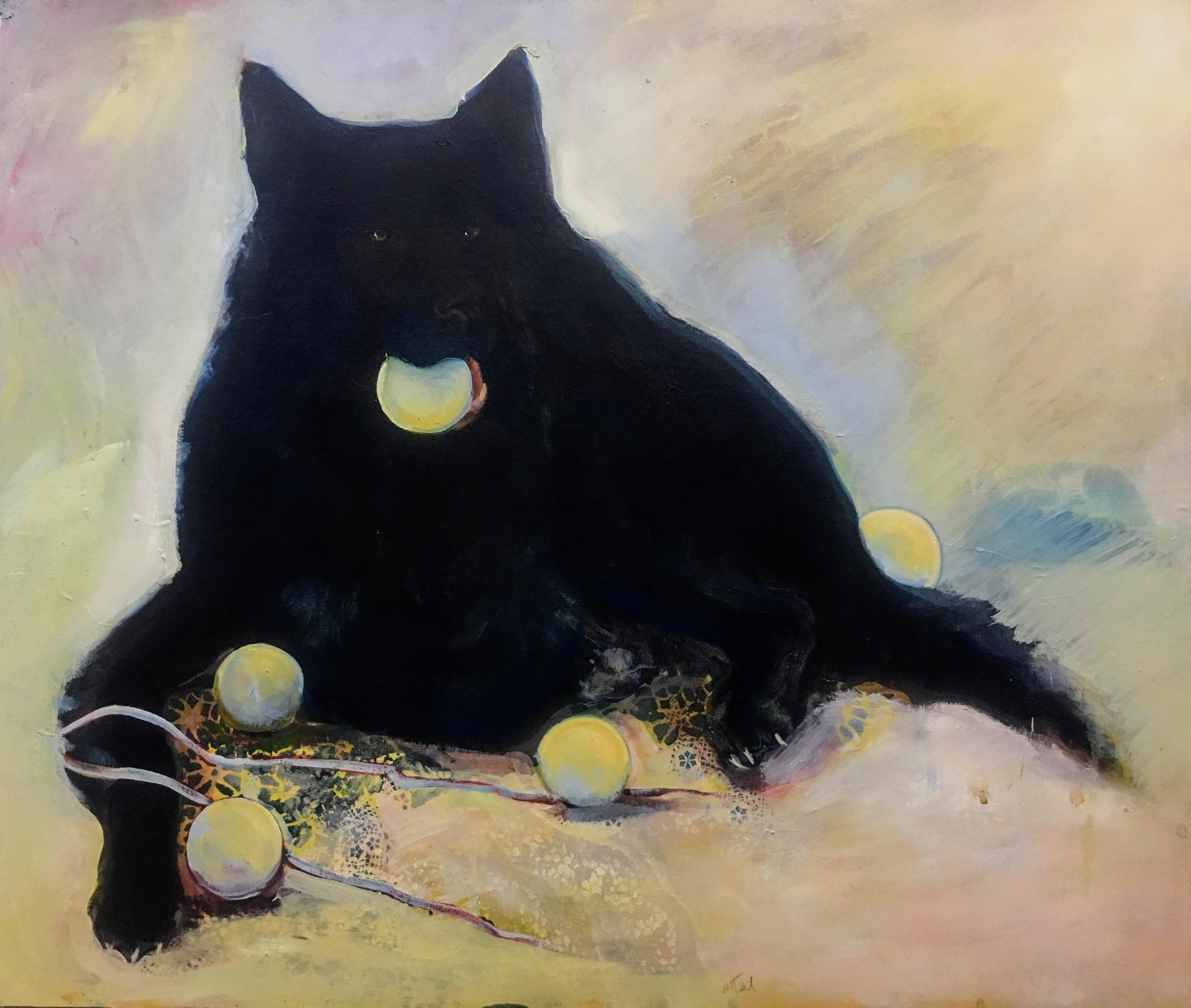 5 Balls (Oil on Primed Paper) - Painting by Monika Teal