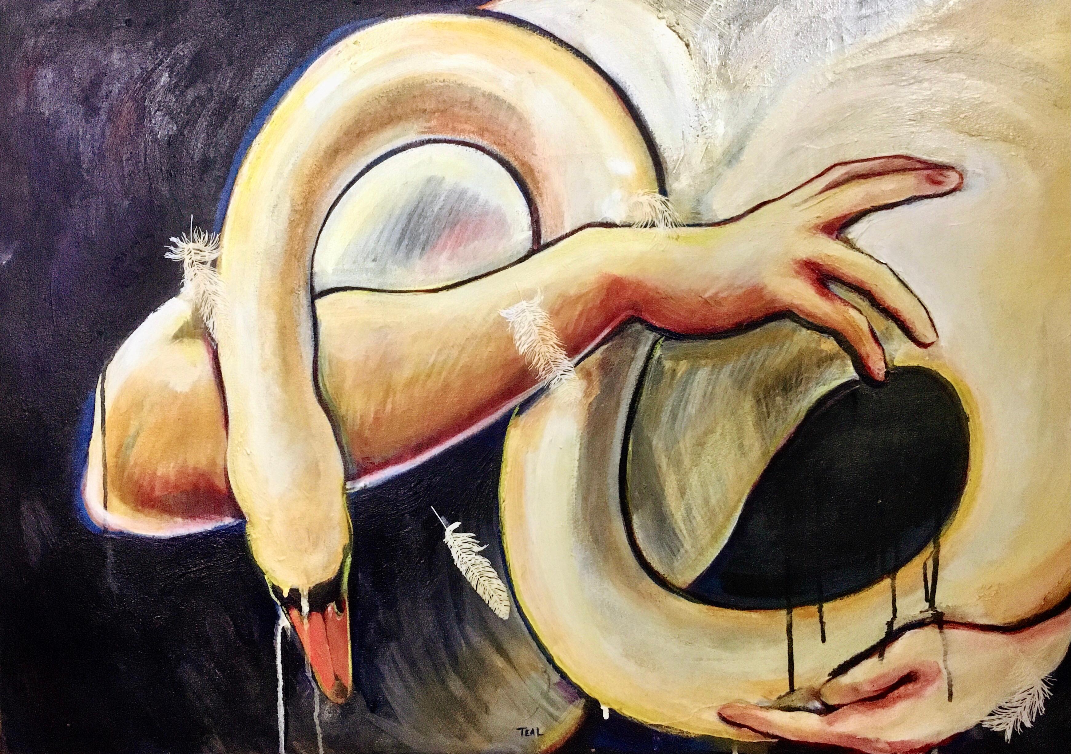 Monika Teal Animal Painting - Leda's Swan