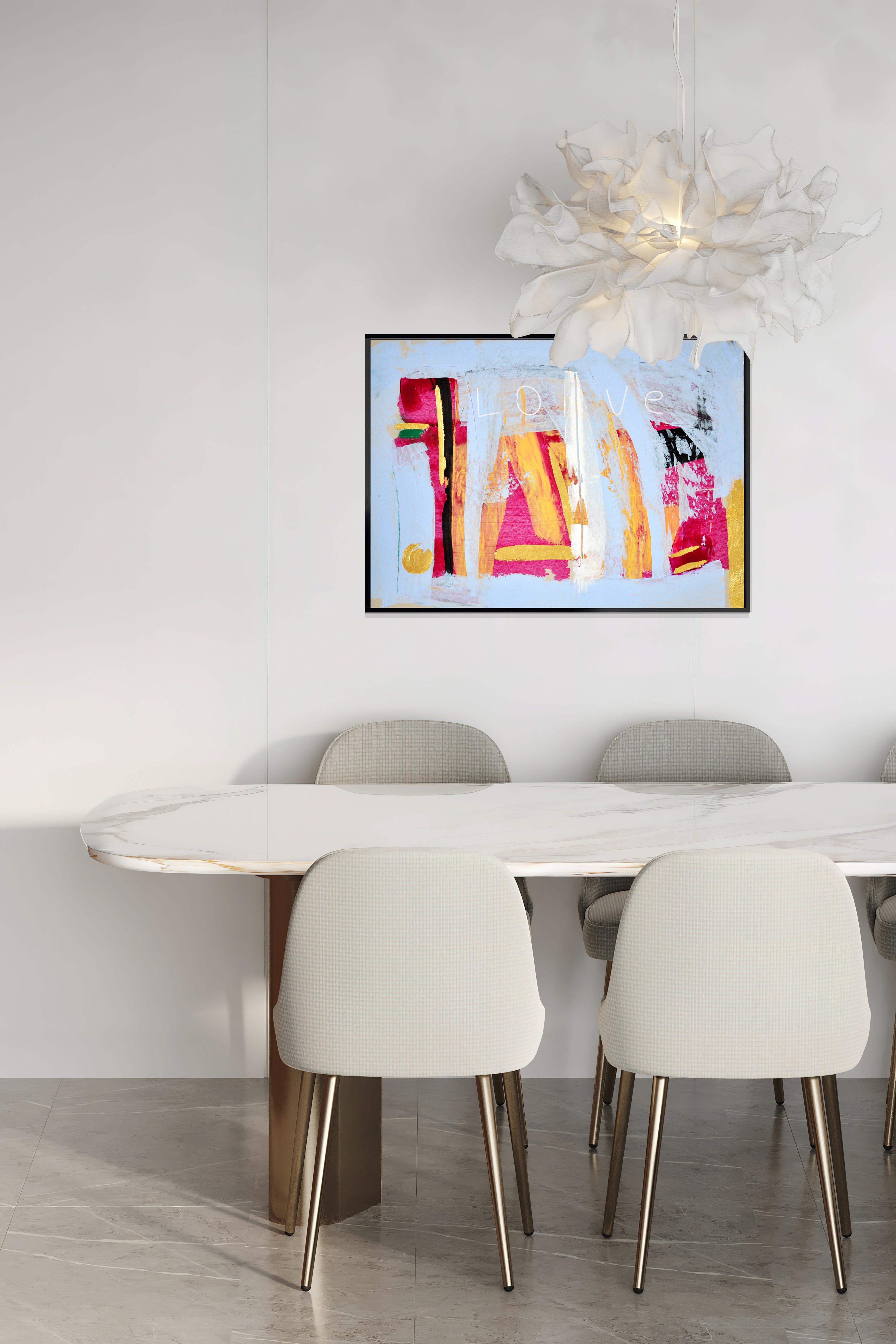 LOVE - Peinture expressionniste abstraite Pastel doré Carton 2022 - Expressionnisme abstrait Mixed Media Art par Monika Widenka
