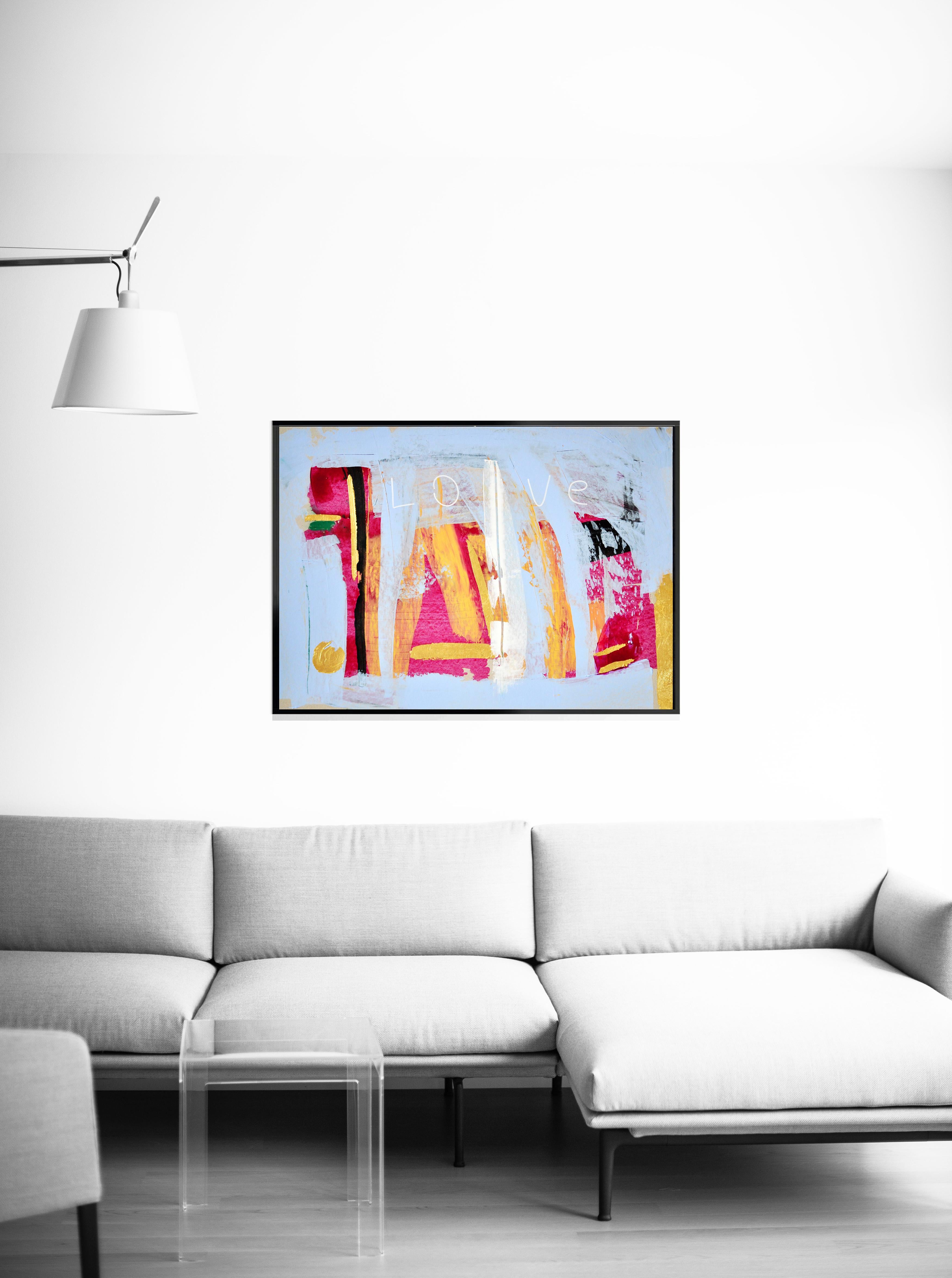 LOVE - Peinture expressionniste abstraite Pastel doré Carton 2022 en vente 1